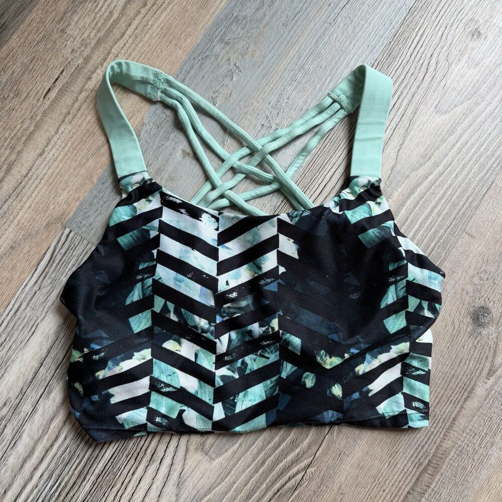 MPG Mondetta XS Strappy Sports Bra Teal Black Geometric Criss Cross Back